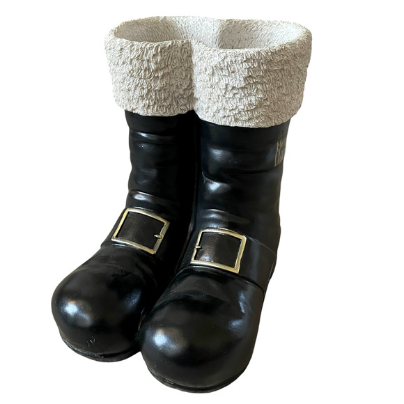 Santa Boots MERRY CHRISTMAS Container Planter Holiday Black Gold White Holiday - Picture 1 of 16